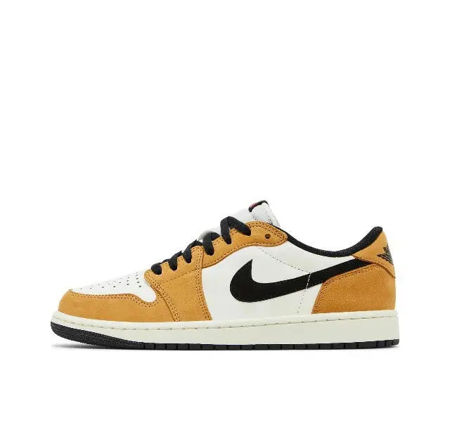 Air Jordan 1 low sneakers, sail and tan suede with black Swoosh accents
