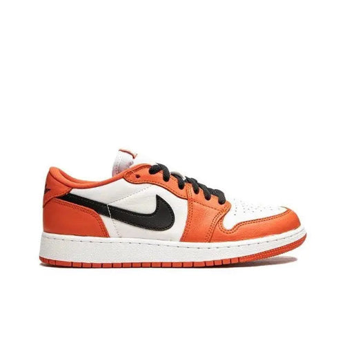 Nike Air Jordan 1 low-top sneaker in orange, white, and black with black Swoosh