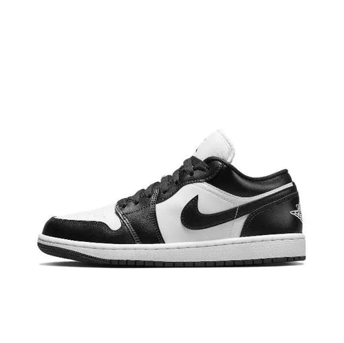 Air Jordan 1 low-top sneaker, black and white, Nike swoosh, lace-up design