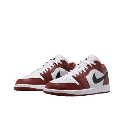 Low-top sneakers, white with burgundy panels and black Swoosh