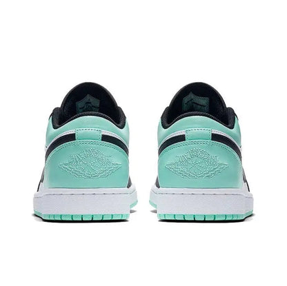 Air Jordan 1 sneakers with teal heel panel, black collar, white midsole