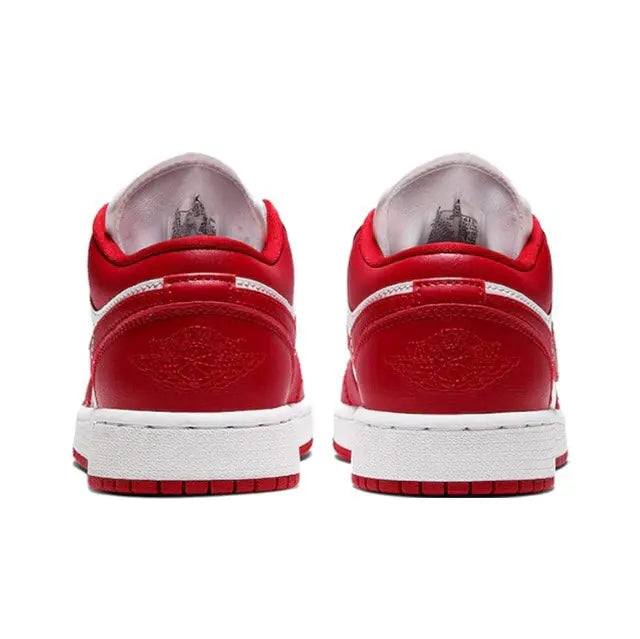 Low-top sneaker heel view in red with white sole and cushioned collar