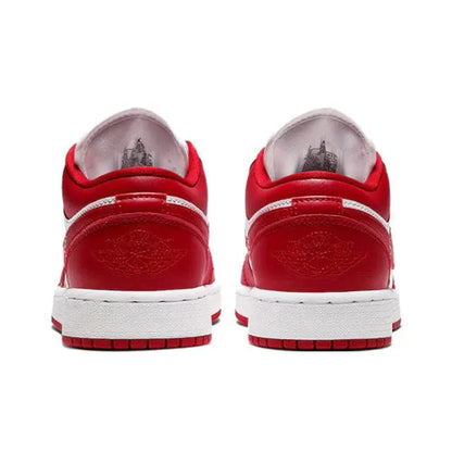 Low-top sneaker heel view in red with white sole and cushioned collar