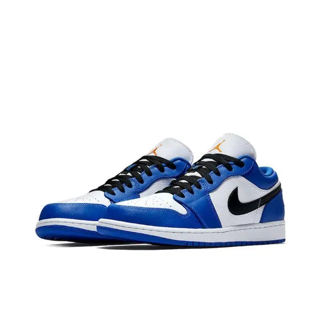 Air Jordan 1 lace-up sneakers, side-by-side, blue/white panels, black Swoosh, orange tabs