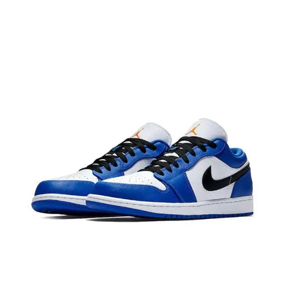 Air Jordan 1 lace-up sneakers, side-by-side, blue/white panels, black Swoosh, orange tabs