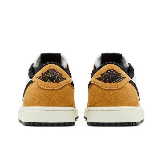 Air Jordan 1 low sneakers, tan suede heel with Air Jordan logo patch