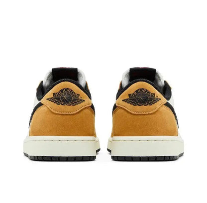 Air Jordan 1 low sneakers, tan suede heel with Air Jordan logo patch
