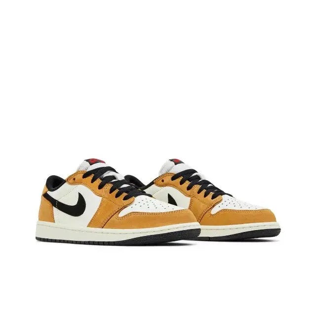 Air Jordan 1 low sneakers pair, sail and tan panels with black Swoosh