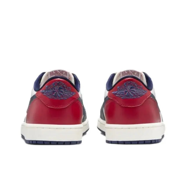 Jordan 1 heel view with red back panel, navy collar, and white midsole