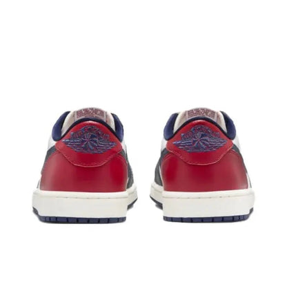 Jordan 1 heel view with red back panel, navy collar, and white midsole