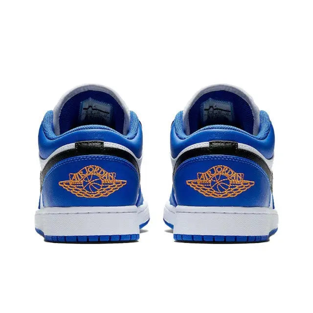 Air Jordan 1 heel sneakers, blue with white panels, black heel band, orange Wings logo