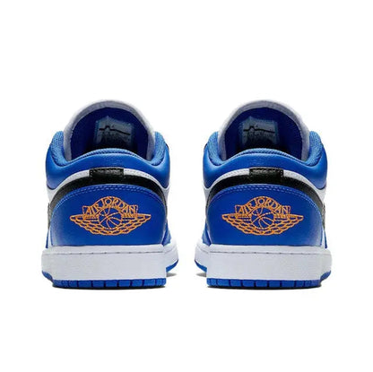 Air Jordan 1 heel sneakers, blue with white panels, black heel band, orange Wings logo