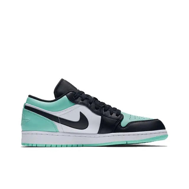 Air Jordan 1 sneakers, black and white upper with teal overlays