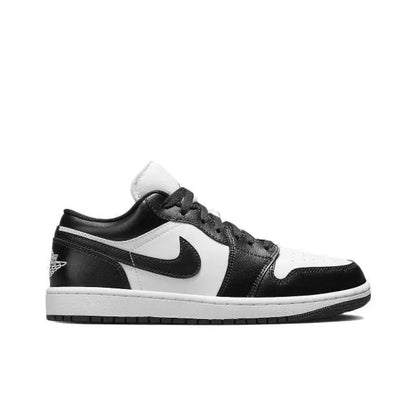 Air Jordan 1 low-top sneaker side view, black and white with Nike swoosh