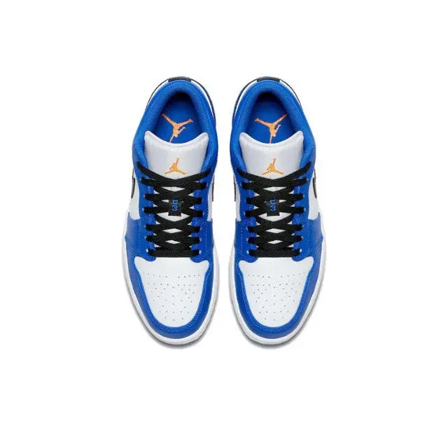 Air Jordan 1 low-top sneakers, white toe, blue panels, black laces, gold Wings logo