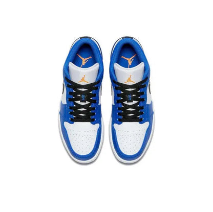 Air Jordan 1 low-top sneakers, white toe, blue panels, black laces, gold Wings logo