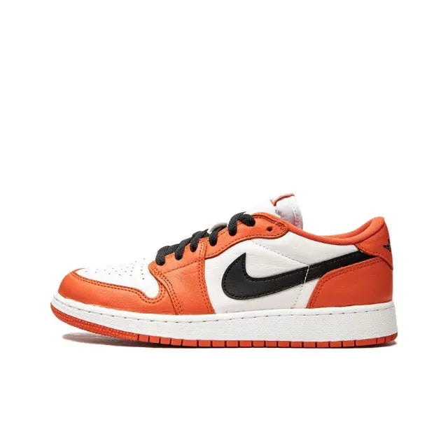 Nike Air Jordan 1 low-top sneaker in orange and white with black Swoosh and lace-up