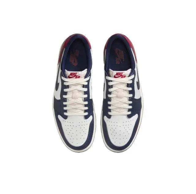 Jordan 1 sneakers top view with white laces and Nike Air logo on tongue