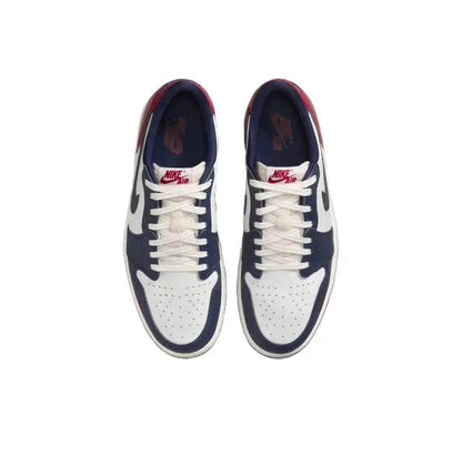 Jordan 1 sneakers top view with white laces and Nike Air logo on tongue