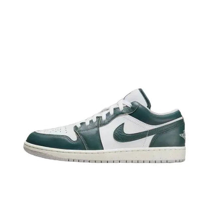 Low-top sneaker side profile in white with dark green Swoosh and ankle collar