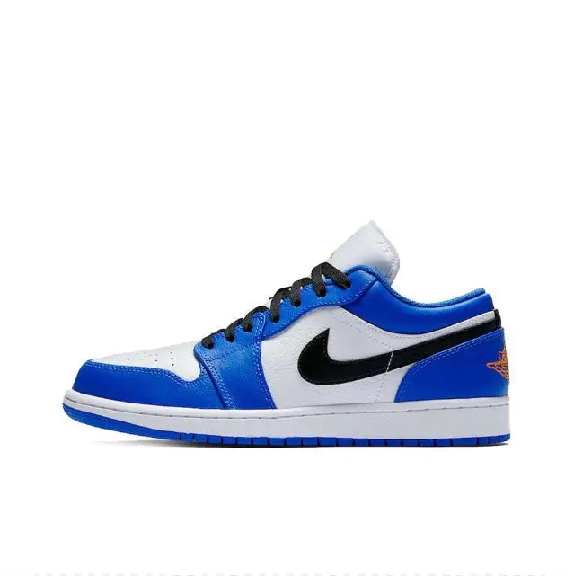 Air Jordan 1 lace-up sneakers, front side view, blue/white, black Swoosh, orange heel detail