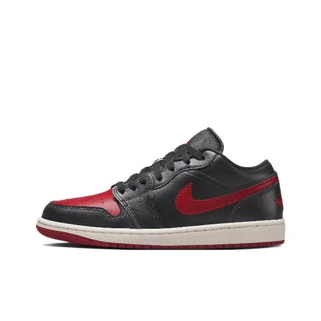 Air Jordan 1 low-top sneakers, black leather with red swoosh and white outsole