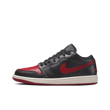 Air Jordan 1 low-top sneakers, black leather with red swoosh and white outsole
