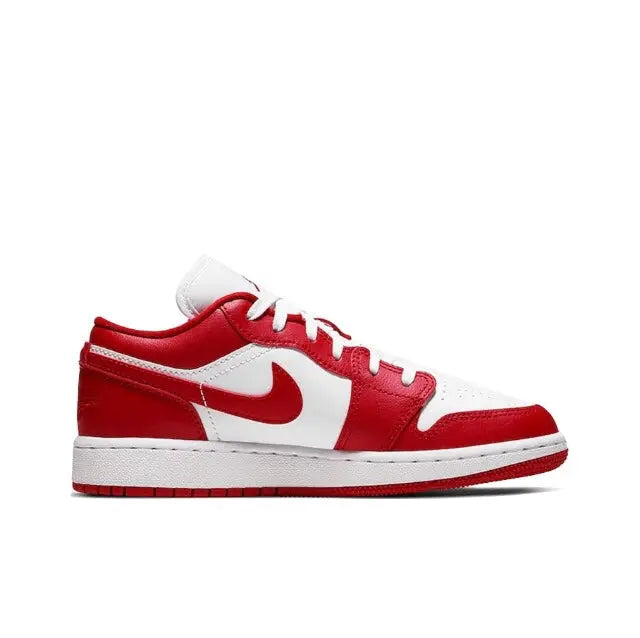 Red and white low-top sneaker with Nike Swoosh and white midsole