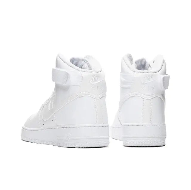 White high-top sneakers heel view with ankle strap and pull tabs
