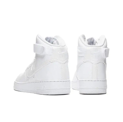 White high-top sneakers heel view with ankle strap and pull tabs