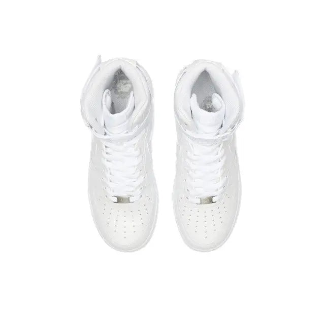 White high-top sneakers with laces and padded collar, top view