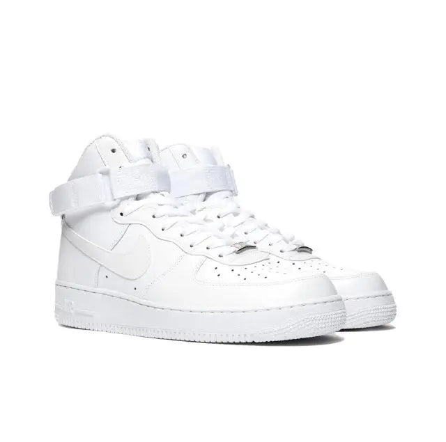 White high-top sneakers front view with lace eyelets and swoosh