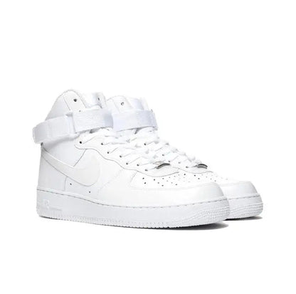 White high-top sneakers front view with lace eyelets and swoosh