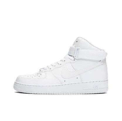 White high-top sneakers side view with ankle strap and stitched panels