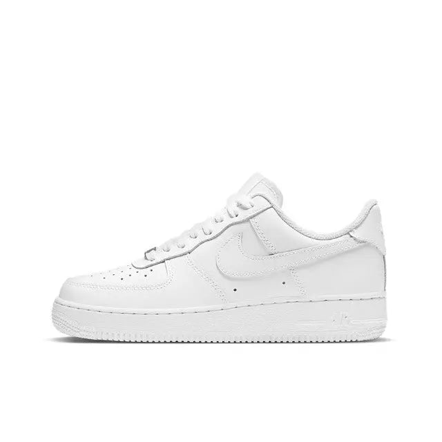 White Nike Air Force 1 low sneaker, leather upper with lace-up front and swoosh logo