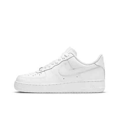 White Nike Air Force 1 low sneaker, leather upper with lace-up front and swoosh logo