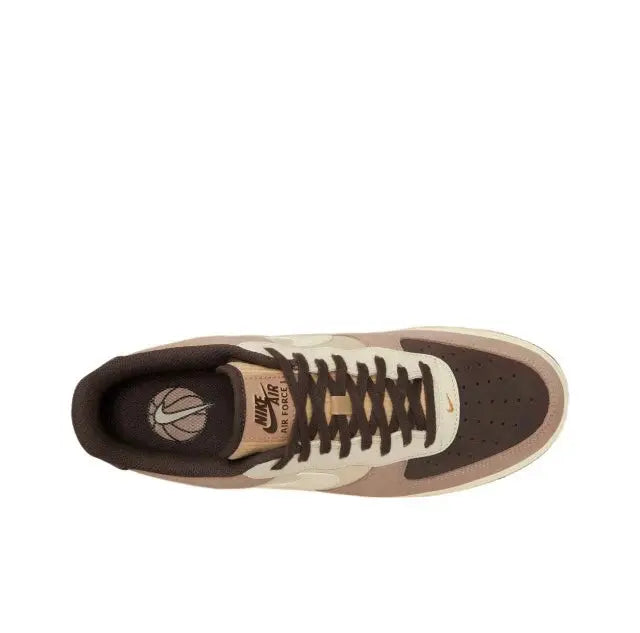 Nike Air Force 1 low-top sneaker, lace-up upper with patterned tongue and tan panels