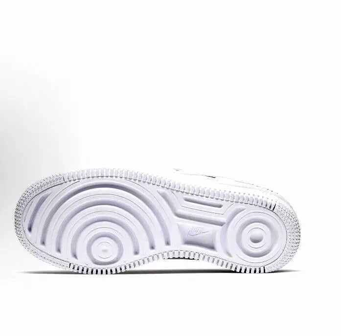 White rubber outsole with circular traction patterns and ribbed tread