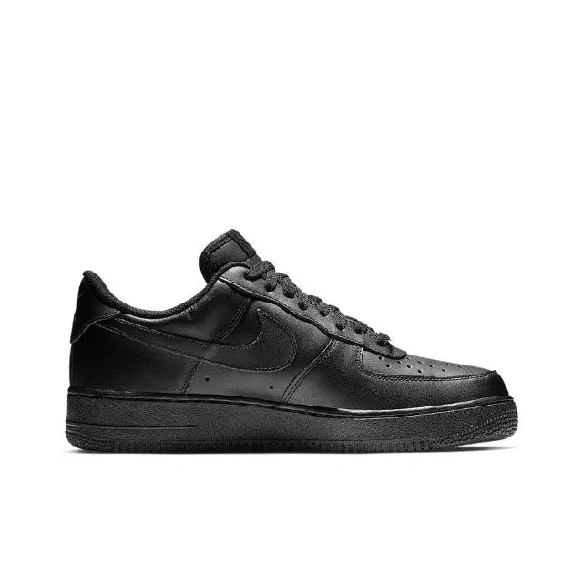 Black low-top sneaker front side view with swoosh, lace-up and cupsole edge