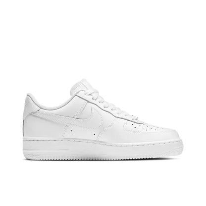 White Nike Air Force 1 low sneaker, side profile with lace-up, swoosh, and cupsole