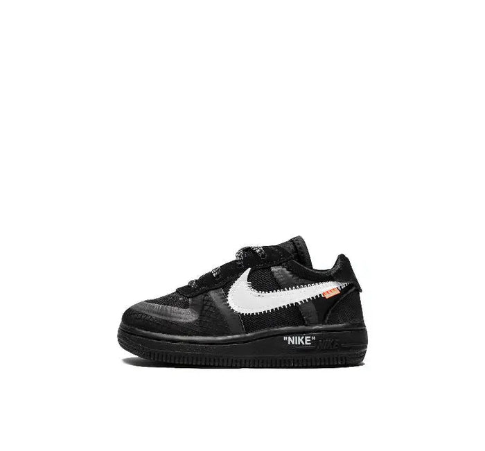 Black low-top Nike Air Force 1 sneaker with white Swoosh and lace details