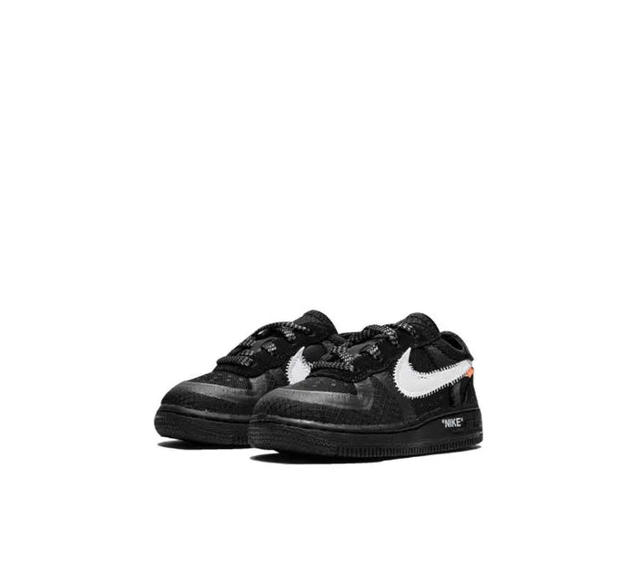 Black Nike Air Force 1 Low sneaker front view, white Swoosh and textured panels