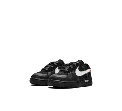 Black Nike Air Force 1 Low sneaker front view, white Swoosh and textured panels
