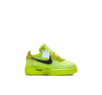 Lime green low-top sneaker with black swoosh and Off-White style tag