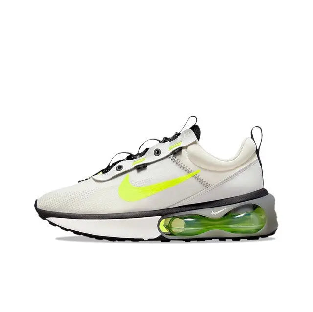 Nike running sneaker, off-white upper with neon green swoosh and air-sole