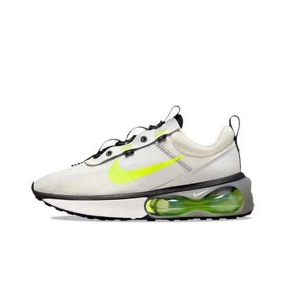 Nike running sneaker, off-white upper with neon green swoosh and air-sole