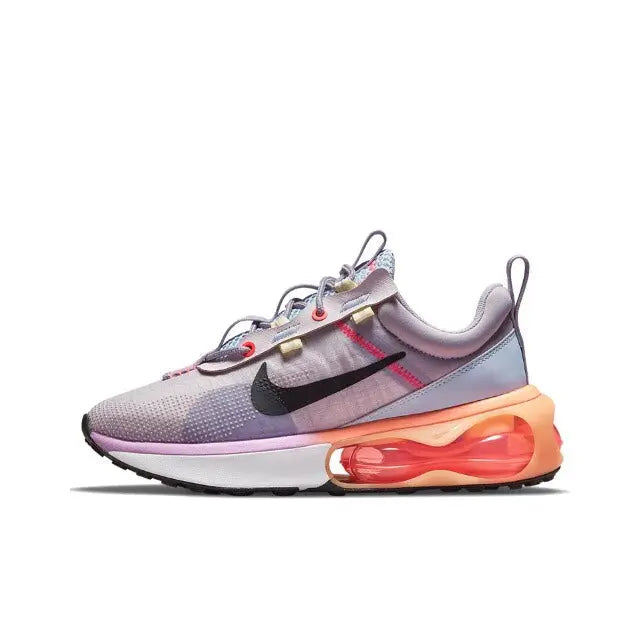 Nike Air Max 2021 running shoes in lavender and gray, with black Swoosh and red Air unit