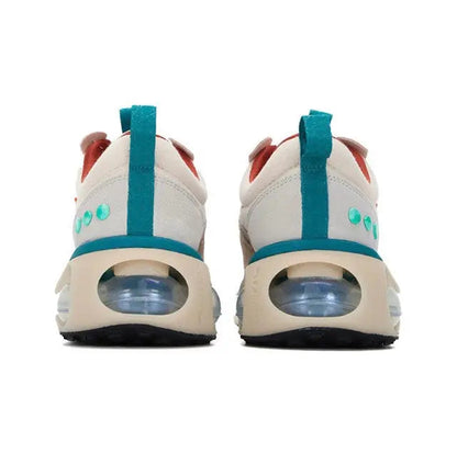 Light sneakers with teal heel strap and Air Max window, rear view
