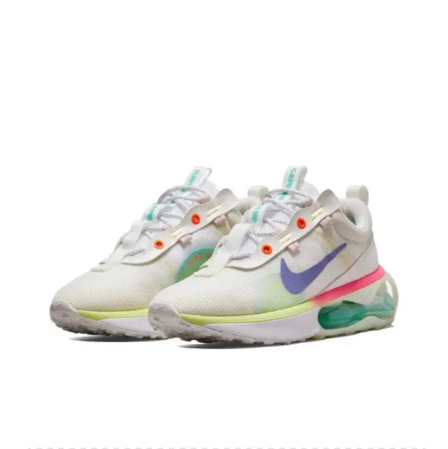 Nike Air Max 2021 running sneakers, side-by-side view with blue swoosh and green air unit
