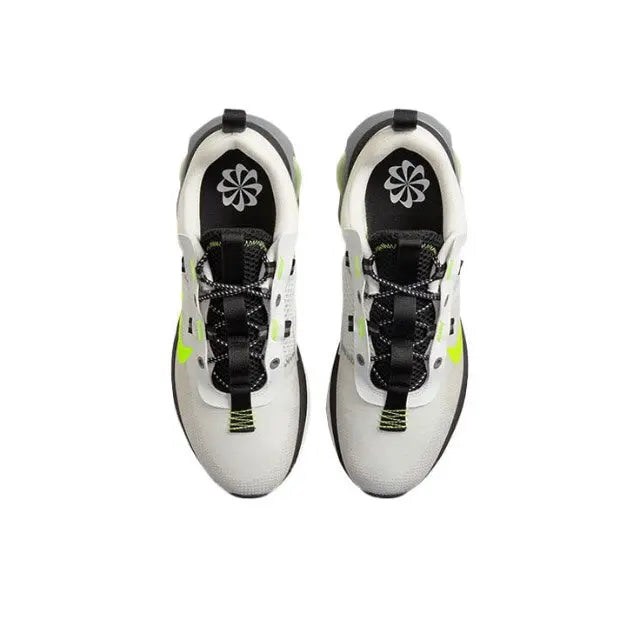 Nike running sneaker, off-white heel with black lining and neon-green stripe details